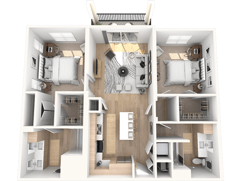 A detailed 3D floor plan of a 2 bedroom 2 bathroom apartment with open-concept kitchen and living space and a private patio